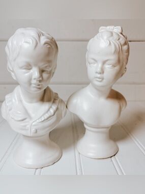 Vintage Set of 2 White Ceramic Girl/Boy Bust Figurines